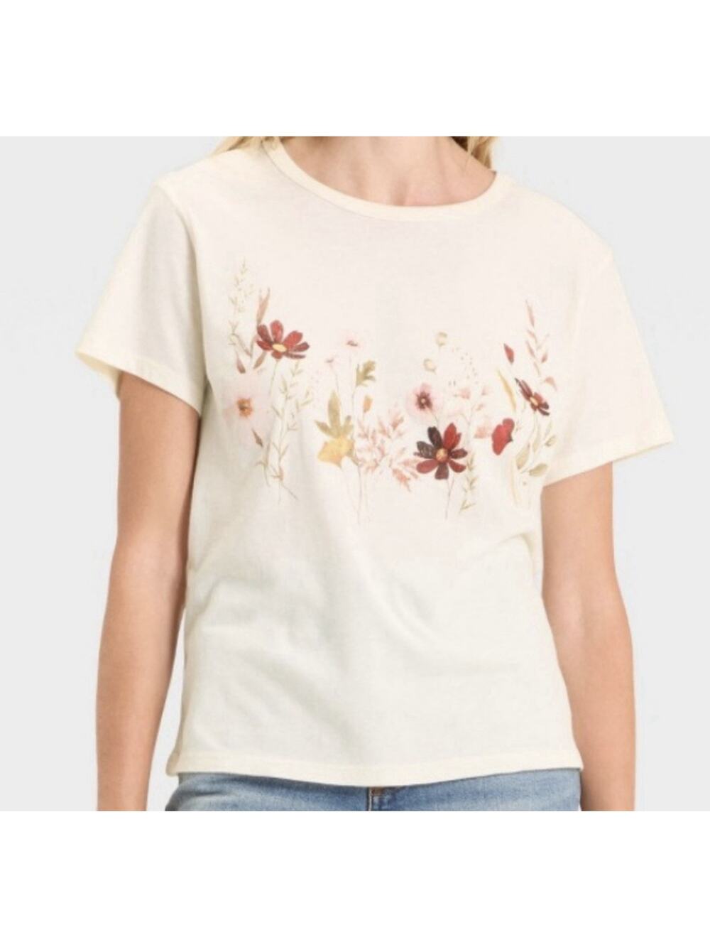 Zoe + Liv Women’s Ivory Short Sleeve T-Shirt Medium Floral Print